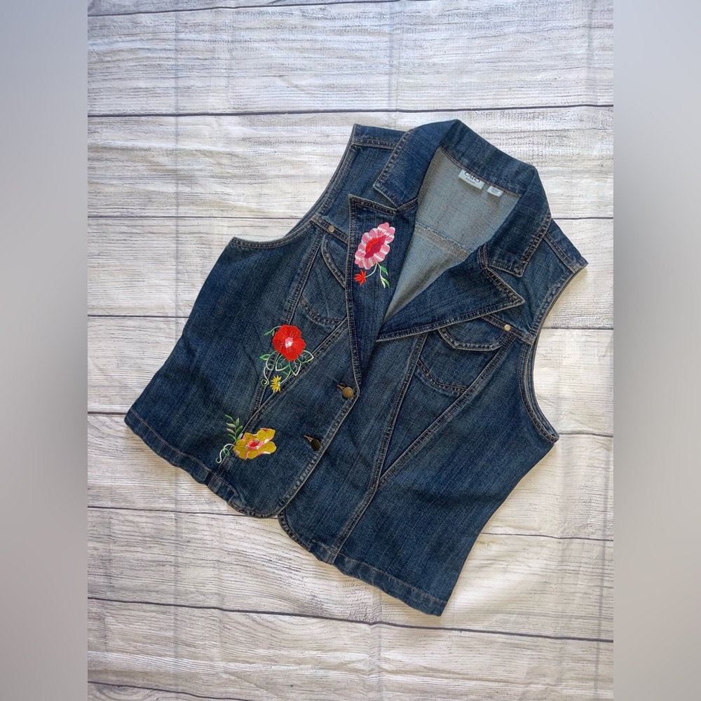 Cato Blue Denim Vest with Pink Floral Embroidery